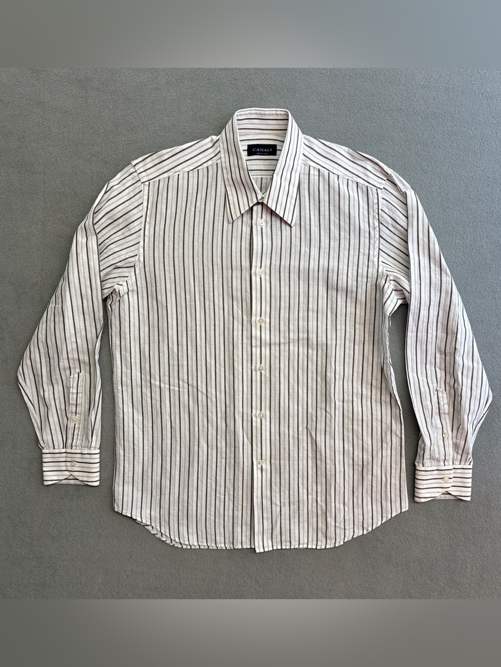Canali Linen Shirt 16 41 Men's Button Up Long Sleeve White Striped Preppy Italy